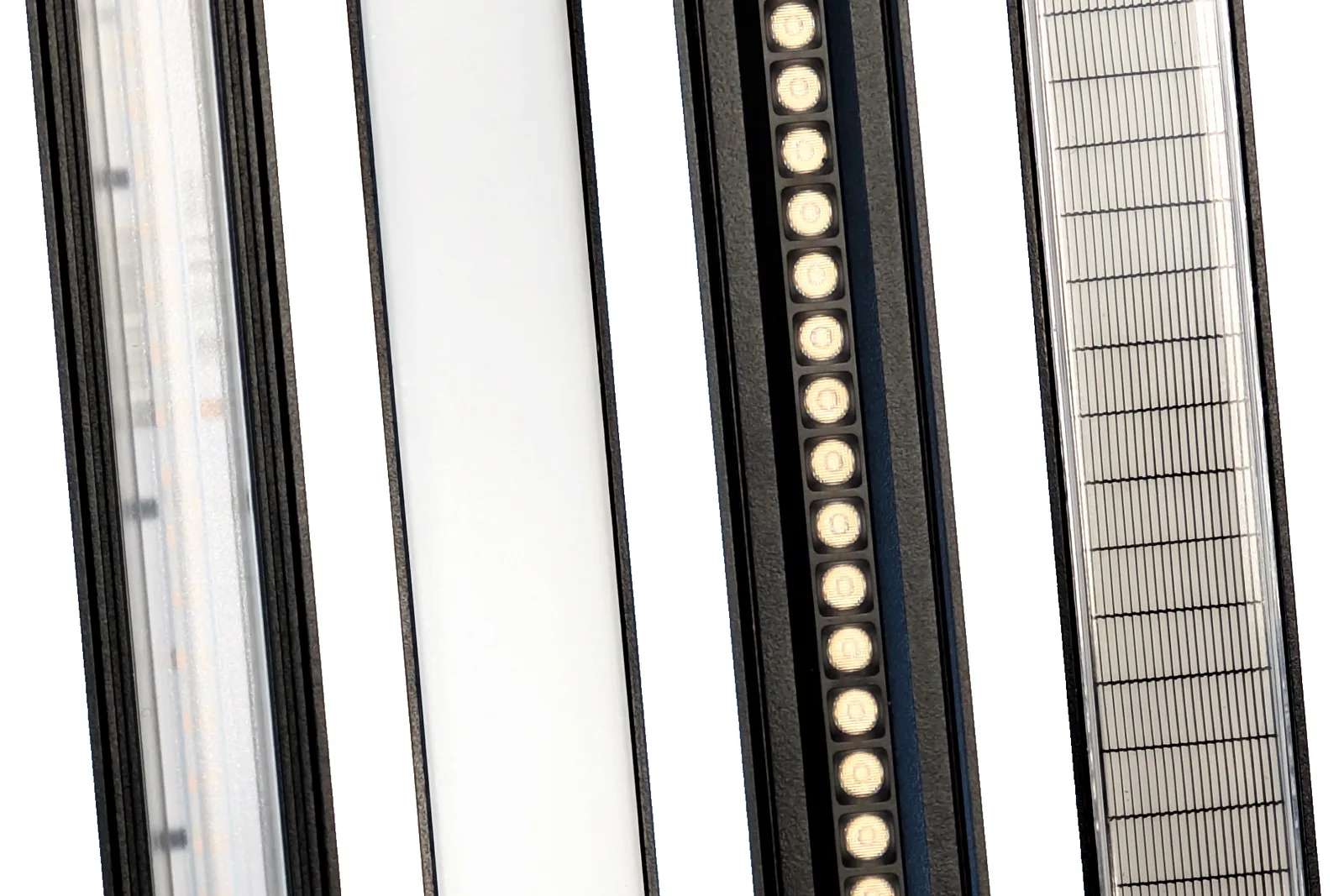 Four Energyline 44 profiles side by side, each fitted with a different optic